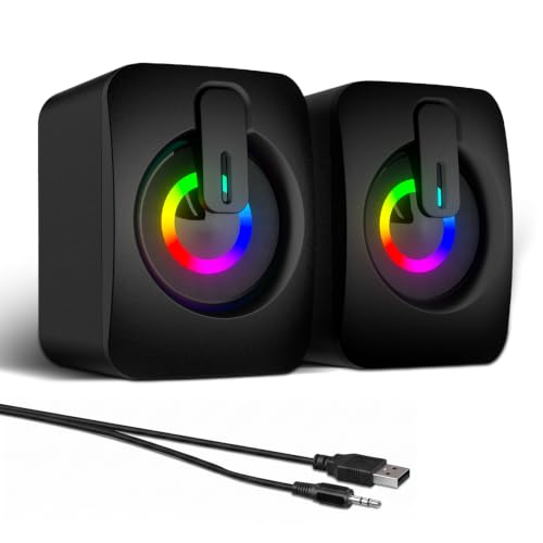 MELOGAGA RGB Computer Speakers, USB-Powered PC Speakers with 7-Color LED Backlight, 3.5mm Aux Compact Soundbar for Desktop, Laptop, Tablet – Crisp Audio & Space-Saving Design