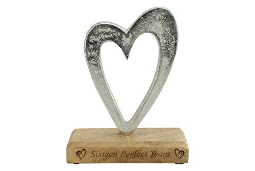 Sixteen Perfect Years 16th Anniversary Rustic Metal Heart Decoration - Free Standing Aluminium & Wooden Decoration (hssperf-16) - Image 4