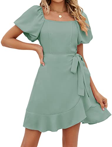 Image of Sampeel Womens Summer Dresses Square Neck Puff Sleeve Tie Waist Short Dress