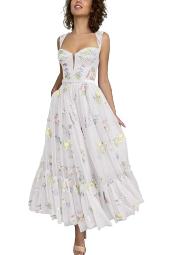 Fivsole Tulle Midi White Flower Prom Dresses 2025 Floral Embroidery Short Flower Wedding Dress Formal Evening Party Gowns Size6