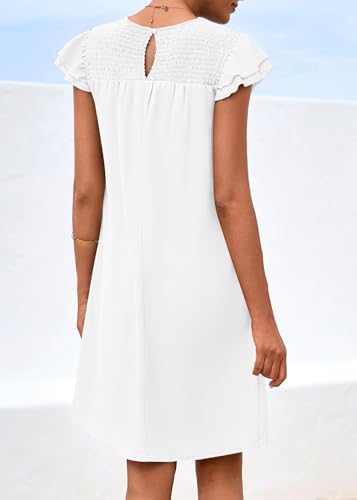 Image of KIRUNDO Wedding Guest Shift Dresses for Women Short Spring Summer Ruffle Cap Sleeve Chiffon Babydoll Flowy Mini Sundress(White, Large)