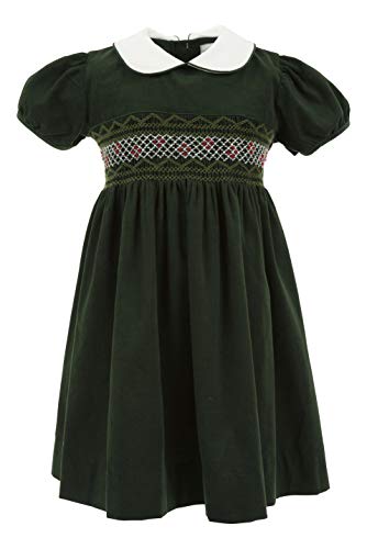 Carriage Boutique Girls Dress Green Corduroy with Hand Smocked Yoke - Short Puff Sleeves