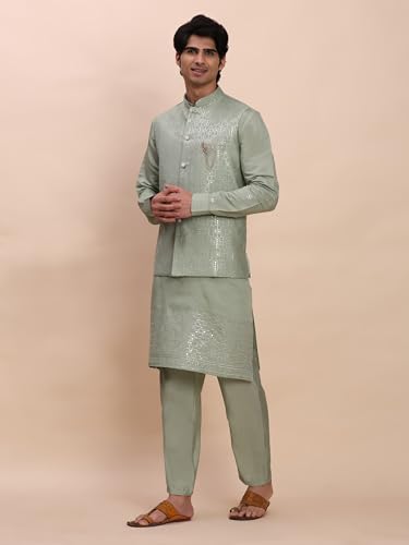 Men's Cuffed Sleeves Cotton Kurta and Trouser Set with Embroidered Waistcoat (Nehru Jacket) (C-121)3