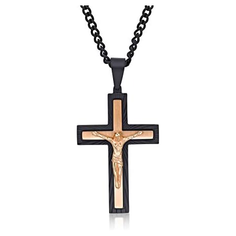 Diamond Treats Mens Cross Necklace with Black & Rose Gold IP Plating. The Solid Stainless Steel Crucifix Pendant and Chain for Men is The for Him Cover