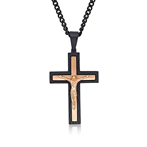 Collier homme acier inoxydable chaîne pendentif croix noir et or rose