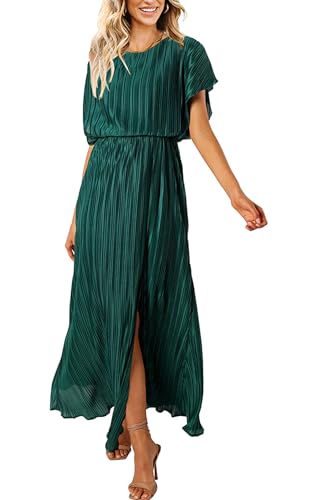 Image of ECOWISH Women Maxi Dresses Cocktail Party Wedding Guest Formal Pleated Long Dress Short Sleeve Slit Empire Waist Evening Gown
