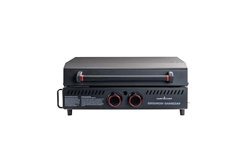 Image of Gridiron Gameday 24 inch Portable Propane Grill - Flat Top Tabletop Griddle with Hinged Lid, 24,000 BTUs, Flamethrower Ignition, Dual Heat Zones, Adjustable Legs for Tailgating, Camping & Outdoor Cooking