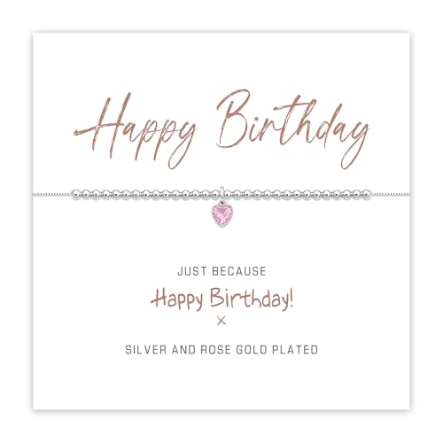 Marsquesa Delicate S925 Silver Happy Birthday Bracelet for Women Girls, Heart CZ Beads Adjustable Bracelet Birthday Gifts for Mum Friends Daughter Teen (Pink)