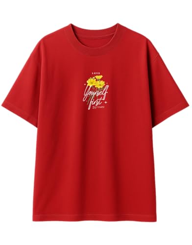 Image of Oversized Cotton T-Shirt for Women Half Sleeve - Love Yourself First Printed Tee - Breathable Loose Fit Motivational Casual Wear for College and Daily Outfits