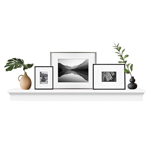 Image of MCS 60-Inch Mantel, Master & Co White Finish Solid Wood Floating Fireplace Mantel, Long Floating Shelf for Livingroom with Wood Cleat Hanging System, Photo and Home Decor Display Shelf