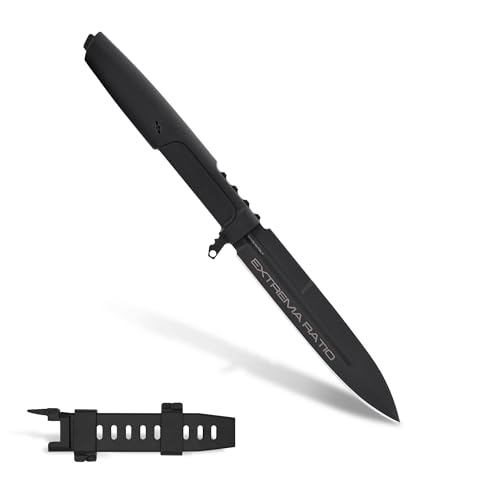 Extrema Ratio - Requiem (Black) Fixed Blade Knife, Bohler N690 steel blade 4.9 mm thick, hardened to 58 HRC, black burnished finish, lightweight ergonomic handle, made in Italy