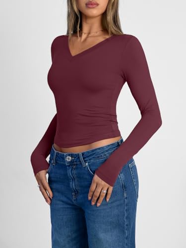 Image of Trendy Queen Womens Long Sleeve Shirts 2026 Fall Fashion Basics Crop Tops