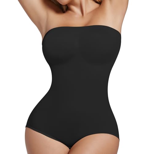ONEW Damen Trägerloser Bandeau Shapewear Body Cami Bodysuit Top mit Abnehmbarer Trägern Bauchweg Miederbody Waist Trainer Body Shaper,Schwarz,M