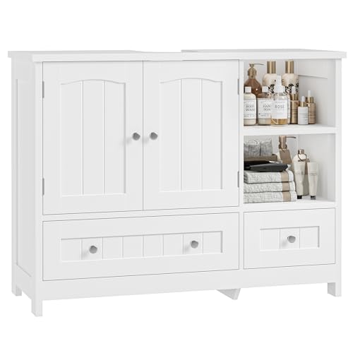 FOREHILL Waschbeckenunterschrank Badezimmer Unterschrank mit 2 Schubladen und 2 Türen und 2 offenen...