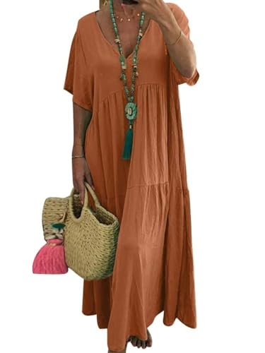 Bengbobar Women Cotton Linen Maxi Dress Long Floor Length Dress Casual Short Sleeve Loose Baggy Oversized V Neck Summer Swing Dress Orange Linen Dress Summer Beach Plus Size Dress Small