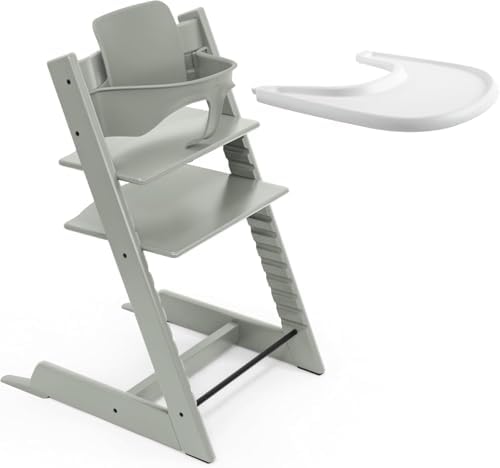 Trona Tripp Trapp de Stokke (Verde Glaciar) Con Bandeja (Blanco) - Incluye Silla, Baby Set 2 Para Niños de 6 a 36 Meses - Ajustable y Fácil de Limpiar