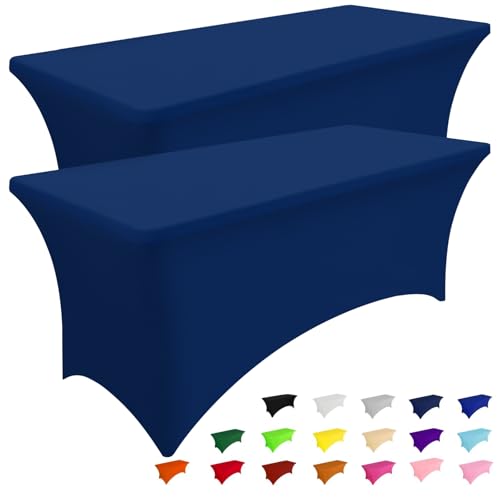 Smiry 2 Pack Spandex Table Cloth 8FT, Elastic Fitted Stretch Tablecloths, Washable and Wrinkle Free Rectangular Patio Table Cover for Outdoor, Wedding, Banquet & Parties (Navy, 96Lx30Wx30H Inch)