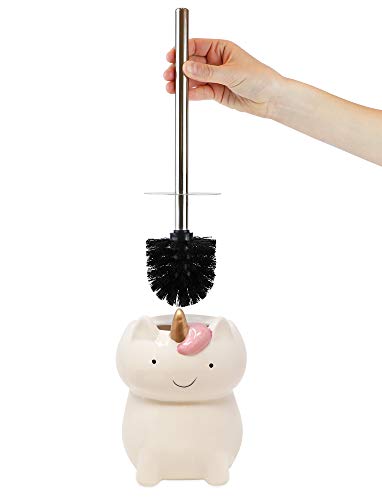 Image of Isaac Jacobs White Ceramic Unicorn Toilet Bowl Brush Holder with Chrome Metal Handle (Unassembled) - Bathroom Accessory & Cleaning Storage (Unicorn)