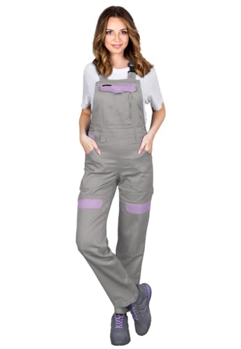 CORTON-L-B Damen-Schutzlatzhosen: 100% Baumwolle 260 g/m Vielseitige Taschen Anpassbare Passform Reflektierend Farbe: Hellgrau-Heidekraut Größe 42