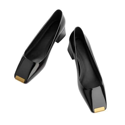 Husmeu Womens Patent Leather Pumps Chunky Heels Metallic Square Toe Casual Work Dressy Pumps