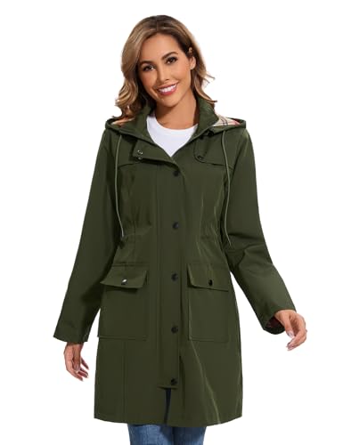 Tuopuda Waterproof Jackets Long Rain Coats for Women Windproof Raincoat Ladies Hooded Rain Jacket Outdoor Windbreaker Lightweight Breathable Softshell Jacket with Pockets, Army Green, XL - Image 7