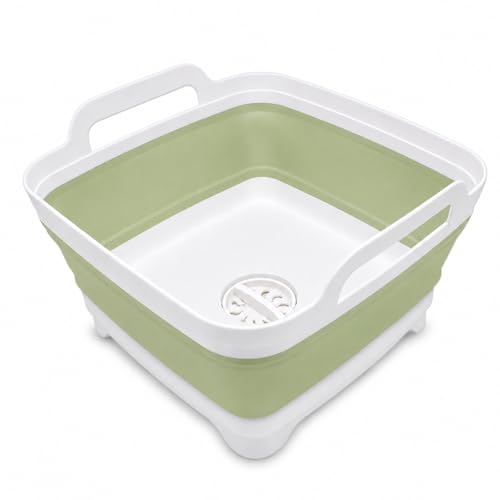Image of 2.4 Gal(9L) Collapsible Dish Basin with Drain Plug, Space Saving Outdoor Multiuse Foldable Sink Tub, Dishpan, Kitchen Storage Tray for Camping, Vegetable Washing, RV (Green)