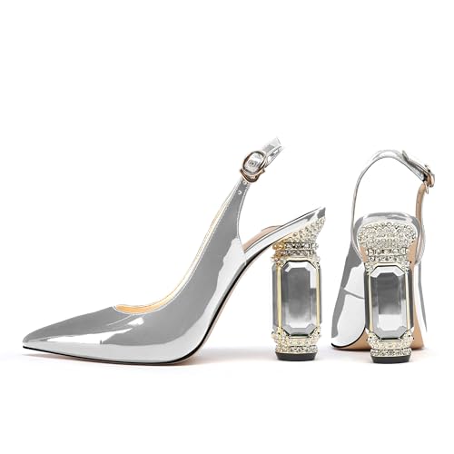 Image of JANSEVEN Women Chunky Heels Pumps Crystal Block Heels with Rhinestones Pointed Toe Sexy Gradient Patent Leather Slip on Bridal Party Wedding Dress Shoes 5-13 M US