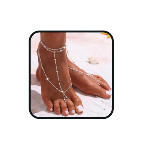 Aularso 2PCS Boho Beaded Foot Chain Layered Barefoot Sandals Summer Beach Ankle Chain for Women (Silver)