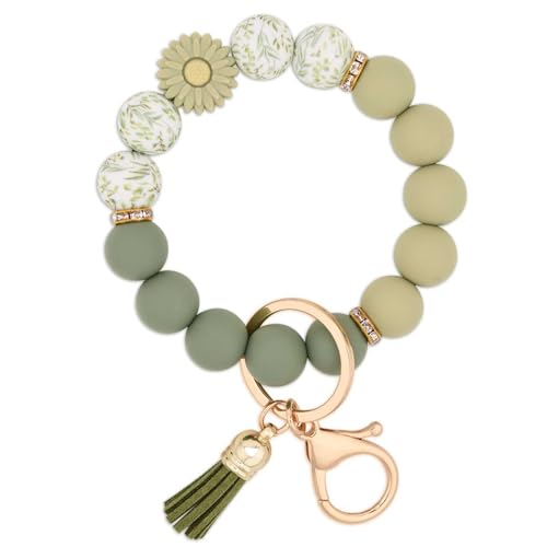 BAOSIWA Silicone Beaded Keychain Wristlet Key Ring Bracelet Daisy Green