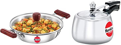 Image of Hawkins Tri-Ply Stainless Steel Induction Compatible Deep-Fry Pan with Glass Lid, Capacity 2.5 Litre, 26 cm, 3 mm & Contura Aluminium Pressure Cooker, 3 Litre (HC30)
