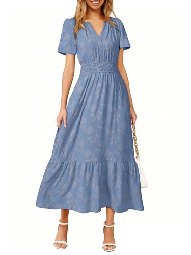 Image of Simplee Womens Summer Boho Maxi Dress Semi Formal Wedding Guest Short Sleeve V Neck Empire Waist Floral Long Dresses