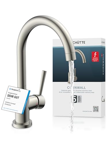 SCHÜTTE 79129 CORNWALL Küchenarmatur Niederdruck, Spültischarmatur mit hohem Auslauf, Einhebelmischer, energiesparend, 360 ° schwenkbar, Wasserhahn Küche, Armatur Spüle, Edelstahl