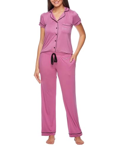 Image of bebe Womens 2 Piece Bridesmaid Pajamas Set Short Sleeve Button Down Shirt and Pants