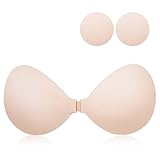 Cbthet Adhesive Invisible Bra for Women - Sticky Bra Strapless Push Up, Seamless Backless & Nipple Cover (A Cups) Beige