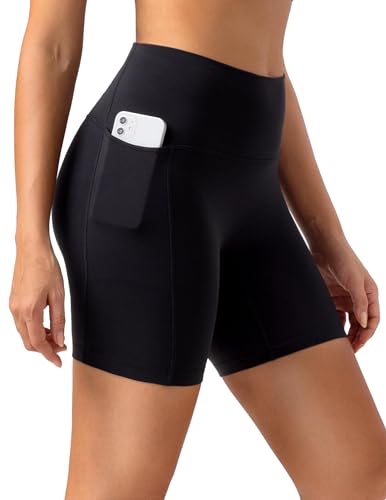 Colorfulkoala Dreamlux No Front Seam High Waist Biker Shorts with Pockets for Women 6 Inseam Workout Gym Yoga Short (L Black)