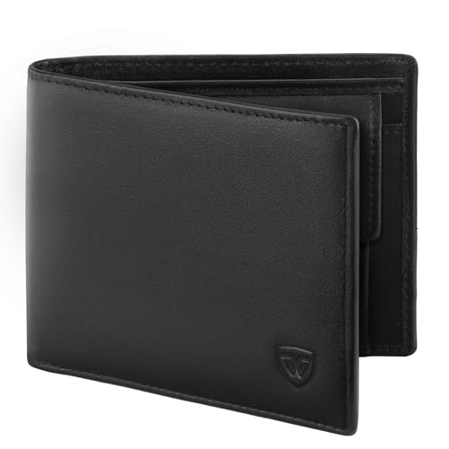 WONSEFOO Geldbörse Leder mit RFID Schutz | Portmonee Slim mit 9 Kartenfächer Wallet Portemonnaie Herren Klein mit Münzfach | Geldbeutel Schwarz