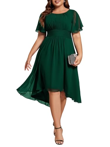 Image of Ever-Pretty Women's Plus Size Formal Wedding Guest Dresses for Curvy Women A Line Chiffon Midi High Low Cocktail Dress