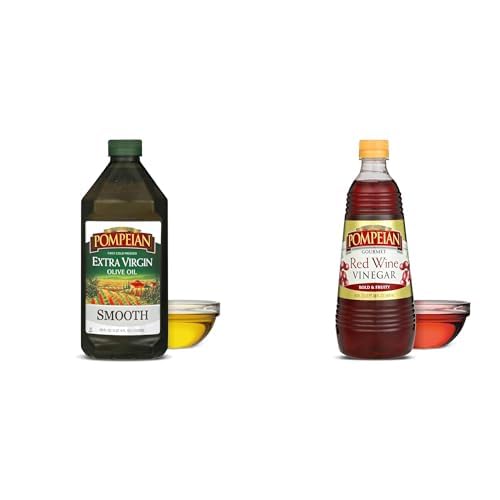 Pompeian Smooth Extra Virgin Olive Oil First Cold Pressed Olive Oil 68 fl oz Smooth Taste for Sauteing + Pompeian Gourmet Red Wine Vinegar 30 Fl Oz, Bold and Fruity Flavor for Salad Dressings