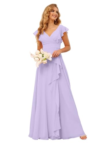 TIRAS Women's Chiffon Ruffled Cap Sleeve Bridesmaid Dresses Lilac for Wedding Elegant A-Line V Neck Bridesmaid Dress with Slit 8