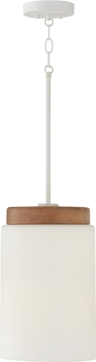 Capital Lighting 350911LT Liam Natural Scandinavian Style Minimalistic Mango Wood Accents Glass Orb with Metal Cylinder Pendant Ceiling Light, 1-Light 100 Watt, 15" H x 9" W, Light Wood and White