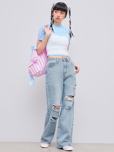 CIDER Women’s Ripped Jeans High Waisted Distressed Baggy Straight Wide Leg Pants2