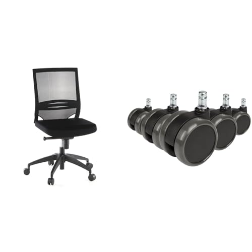 hjh OFFICE Profi Bürostuhl Porto ECO Stoff/Netz Schwarz Drehstuhl ergonomisch ohne Armlehnen, Lordosenstütze verstellbar & 5X Hartbodenrollen 11mm / 65mm Büro-Stuhl-Rollen für Hartböden (5er Pack)