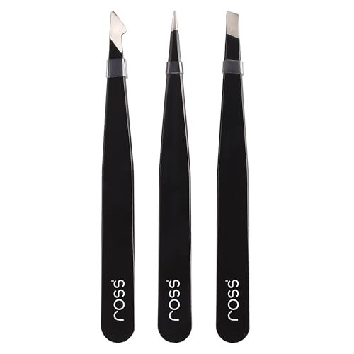 Image of Ross 3PCS Precision Tweezers Set - Stainless Steel Slant, Pointed & Curved Tips - Professional Kit for Eyebrow Shaping, Facial Hair, Ingrown Hair & Splinter Removal, Craft & Beauty Use - Black Finish