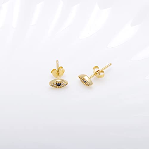 925 Sterling Silver Evil Eye Studs Tiny Cubic Zirconia Earrings For Women, Yellow Gold Plated #TOP1