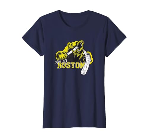 Grizzly Bear Biting Hockey Stick Claws Through Words Boston T-Shirt, Women, Navy Blue, X-Small