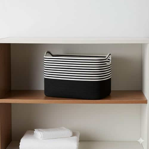 Image of Large Storage Basket, Woven Blanket Basket, Toy Basket with Handle, Laundry Hamper for Living Room, Nursery, Bedroom- 20x15x12 (LXWXH) (black mix)
