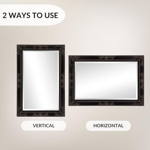 Image of Howard Elliott Collection Queen Ann Rectangular Antique Black Wall Mirror, Rectangle Hanging Wood Framed Vanity Mirrors for Home Decor, Living Room, Bathroom, Bedroom, or Hallway, 24 x 36 Inch
