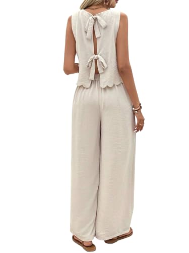 Nimsruc Womens Summer Two Piece Sets With Back Tie Bow Top And Wide Leg Pants For Vacation Travel Lounge Outfits Apricot L