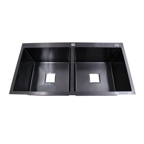 Image of ARQUIN Kitchen Sink 37x18x10 Inch Handmade Double Bowl Tap Hole Black Matt Finish Kitchen Sink Heavy Grade Stainless Steel Kitchen Sink For Kitchen Basin Square Drainer and Adjustable Fruit Basket