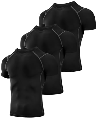 Niksa 3 Pack Compression Tops for Men Short Sleeve Mens Running Top Mesh Design Quick Dry Base Layer Top for Gym Sports Fitness Workout Cycling,Training, Black and Grey,S